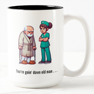 Ältere Patienten Gelieren bei einer erschöpften Kr Zweifarbige Tasse