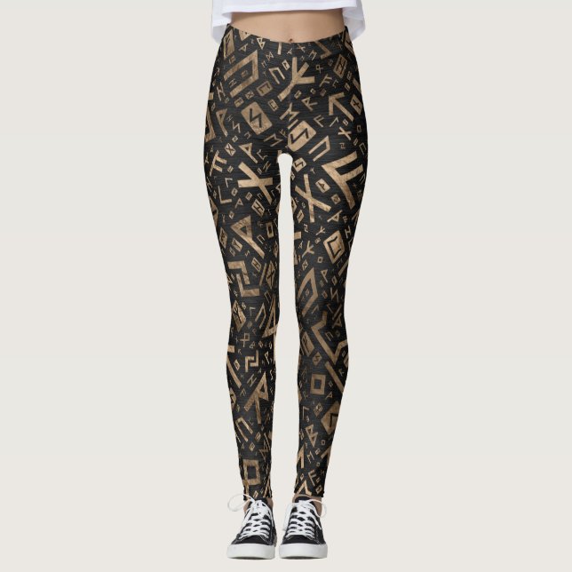 Ältere Runen - Futhark Muster-Gold auf schwarzem Leggings (Vorderseite)