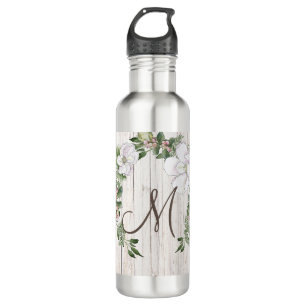 Ältere Wood Monogram mit Magnolias Wreath Edelstahlflasche