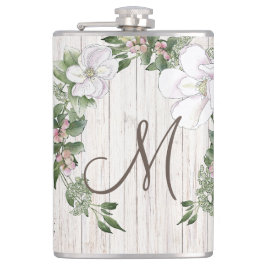 Ältere Wood Monogram mit Magnolias Wreath Flachmann