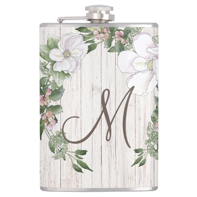 Ältere Wood Monogram mit Magnolias Wreath Flachmann (Vorderseite)