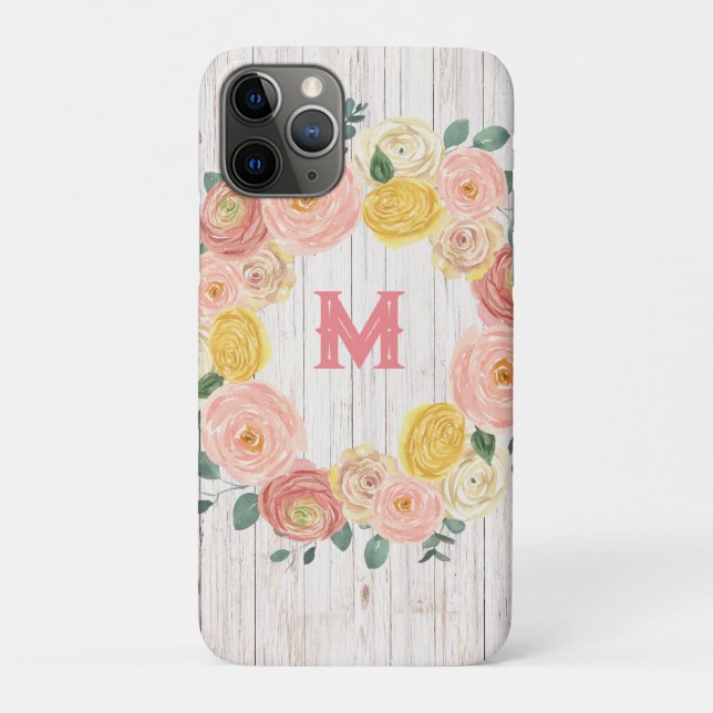 Ältere Wood Monogram Rose & Eukalyptus Wreath Case-Mate iPhone Hülle (Rückseite)