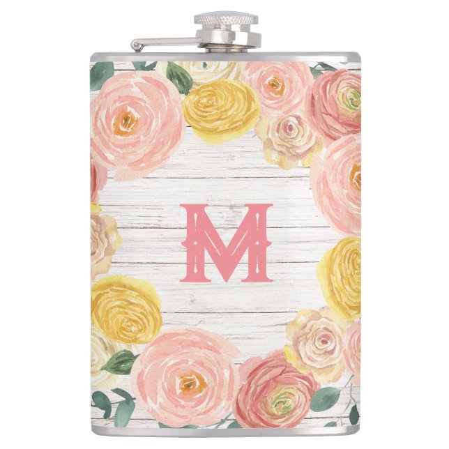 Ältere Wood Monogram Rose & Eukalyptus Wreath Flachmann (Vorderseite)