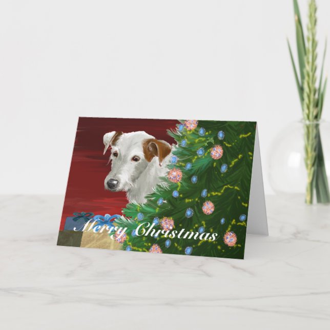 Älterer Jack Russell mit Weihnachtsbaum Feiertagskarte (Vorderseite)