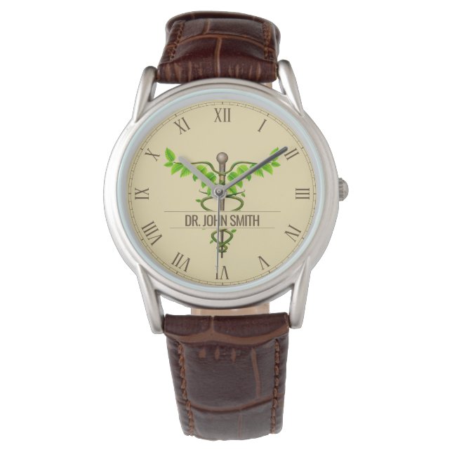Alternative medizinische Caduceus grüne Blätter Be Armbanduhr (Vorderseite)