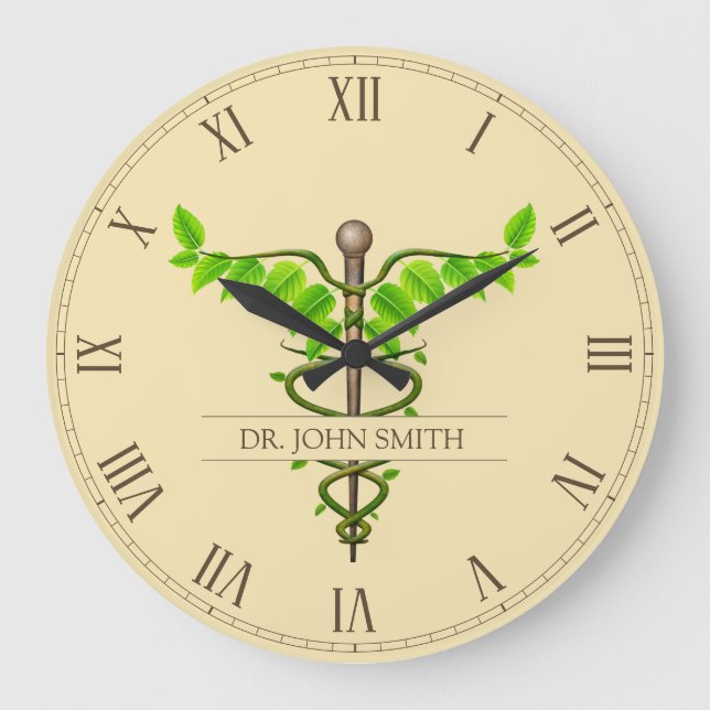Alternative medizinische Caduceus grüne Blätter Be Große Wanduhr (Vorderseite)