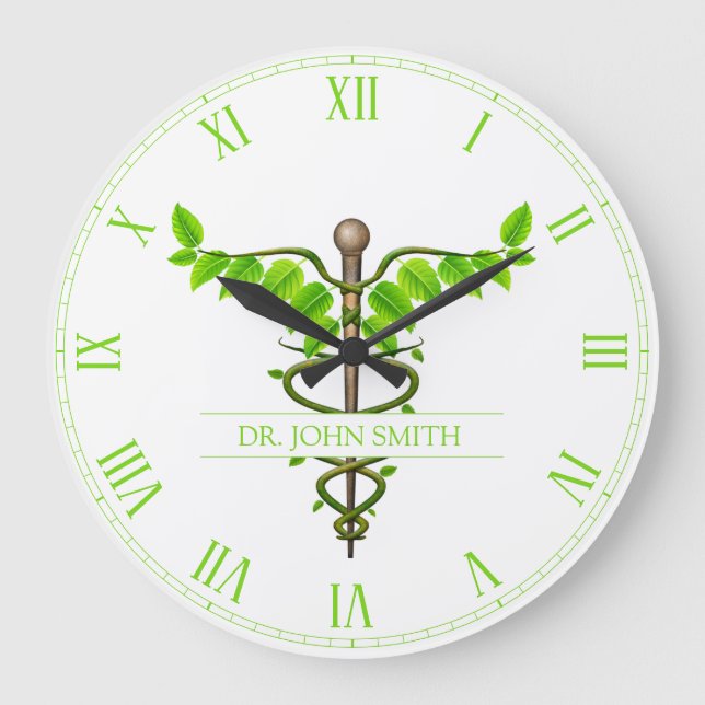 Alternative medizinische Caduceus grüne Blätter We Große Wanduhr (Vorderseite)