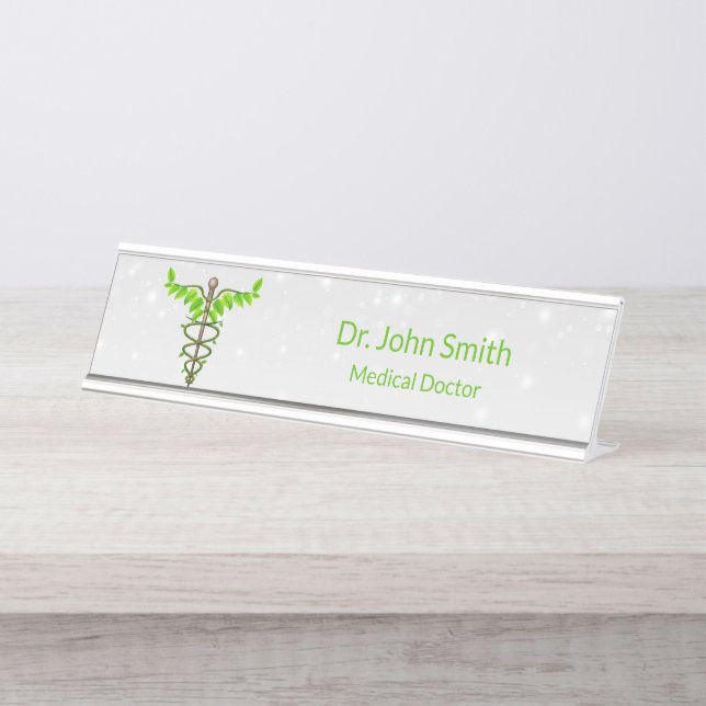 Alternative medizinische Caduceus grüne Blätter We Schreibtischnamensplakette (Vorderseite )