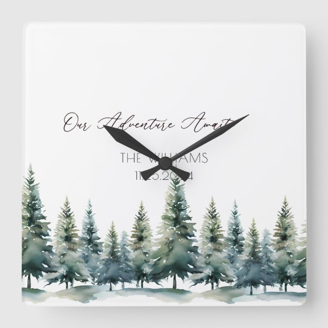 Alternative Wedding Guest Book Pine Trees Quadratische Wanduhr (Vorderseite)