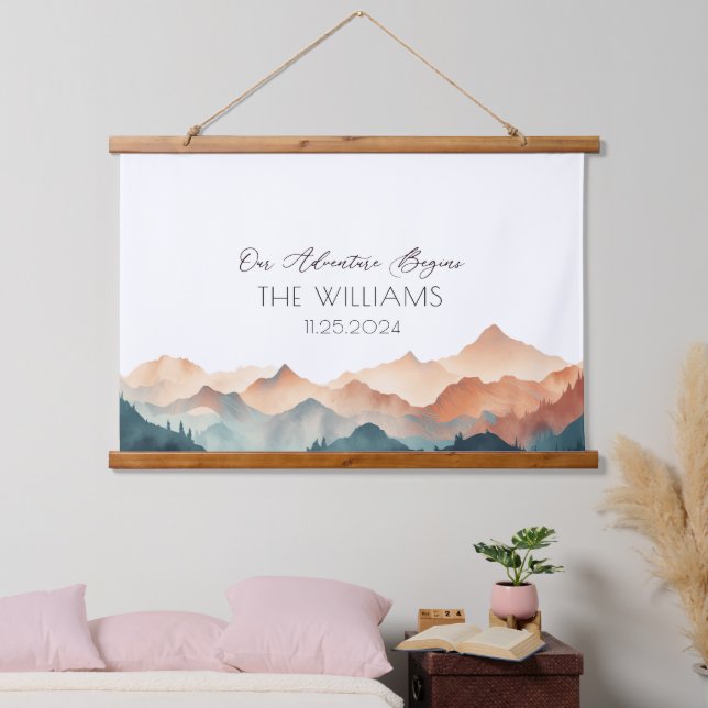Alternative Wedding Guest Book Watercolor Mountain Wandteppich Mit Holzrahmen (Schlafzimmer)