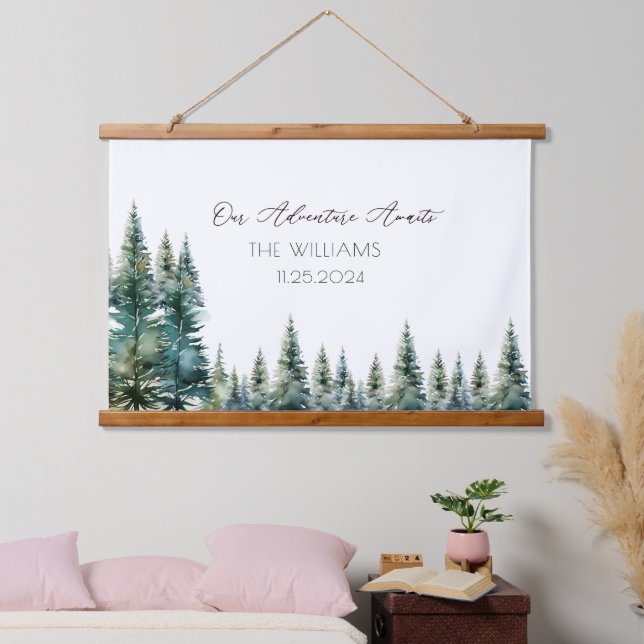 Alternative Wedding Guest Botanical Pine Trees Wandteppich Mit Holzrahmen (Schlafzimmer)