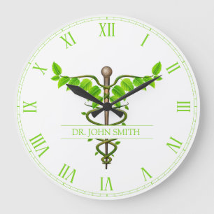 Alternativer Medizinischer Caduceus Grüne Blätter  Große Wanduhr