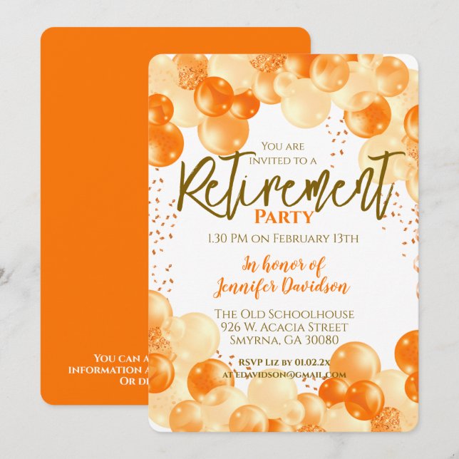 Altersruhegeld Orange Balloon Einladung (Vorne/Hinten)