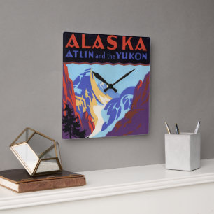 Altes Alaska-Reiseposter, Atlin und der Yukon Quadratische Wanduhr