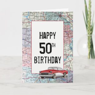Altes Auto auf der Road Map 50. Geburtstag Karte