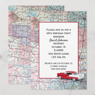Altes Auto auf Karte 65. Geburtstag