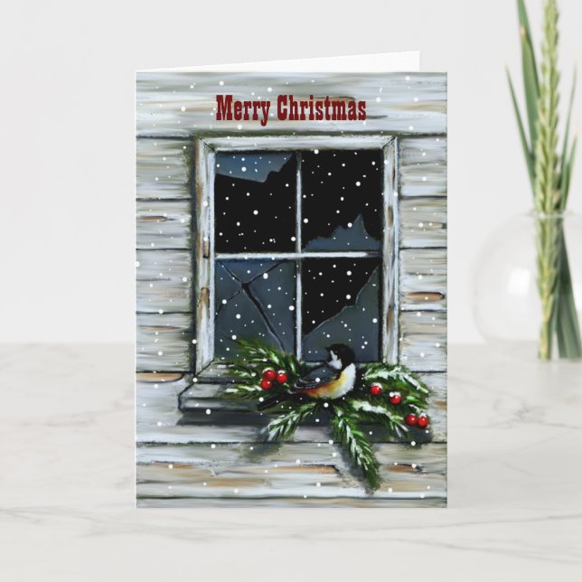 Altes Barfenster: Schnee: Weihnachten, Vögel Feiertagskarte (Vorderseite)
