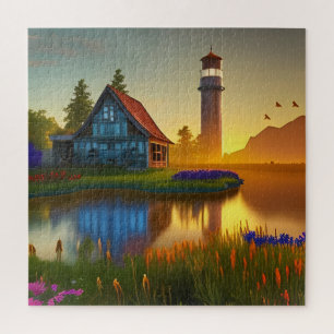 Altes Bauernhaus und Silo bei Sonnenaufgang Puzzle