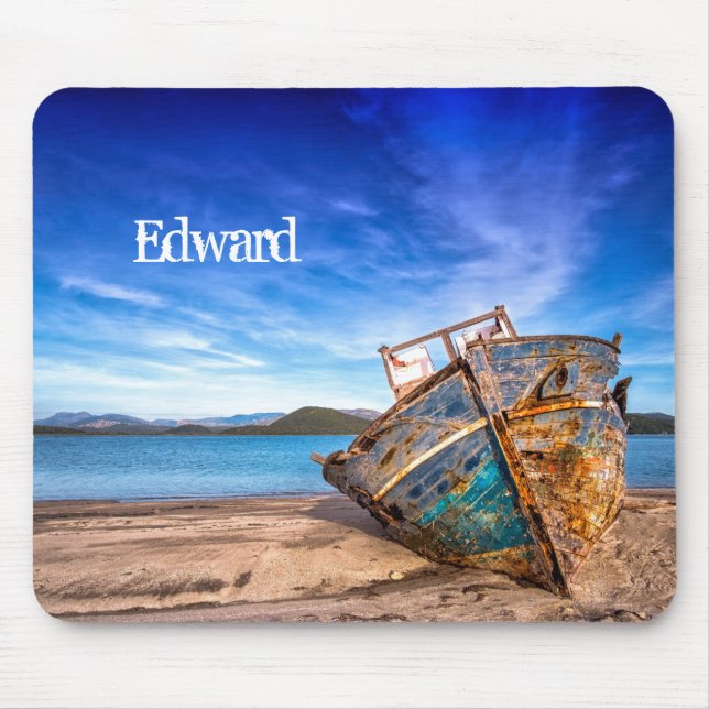 Altes blaues Boot am Meer Mousepad (Vorne)