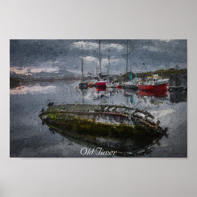 Altes Boot im Hafen sinkend, Ölmalerei Poster (Vorne)