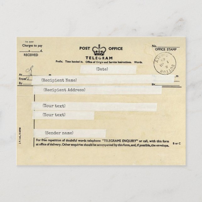 Altes britisches Postdiensttelegramm (anpassbar) Postkarte (Vorderseite)