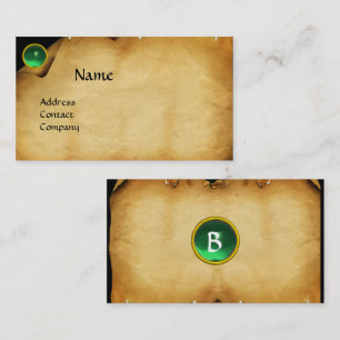 ALTES BROWN PARKMENT, GREEN GEMSTONE, MONOGRAM VISITENKARTE