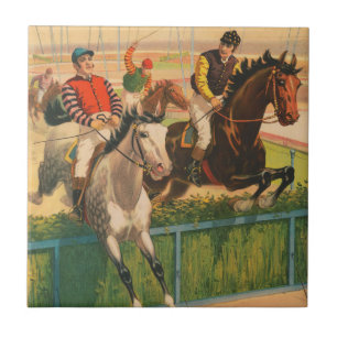 Altes deutsches Zirkusplakat mit Jockeys auf Pferd Fliese