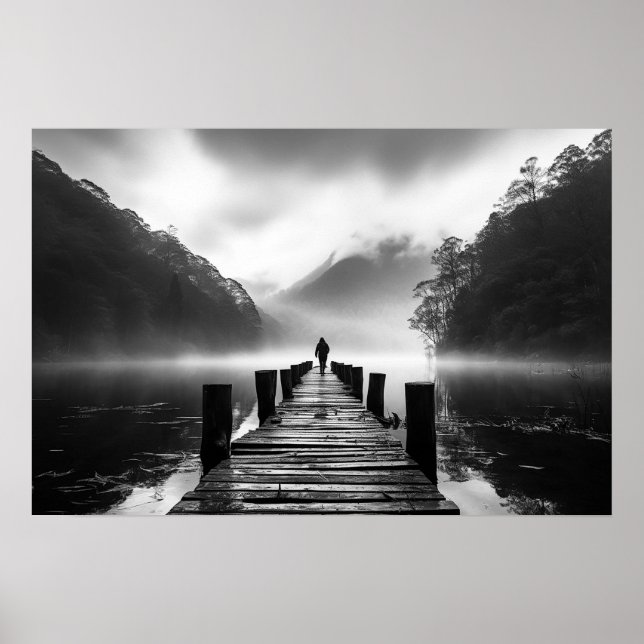 Altes Dock am See B&W Foto Poster (Vorne)