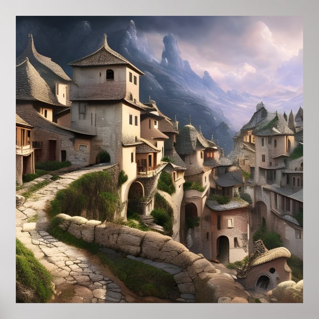 Altes Dorf in den Bergen Steinweg schön Poster (Vorne)