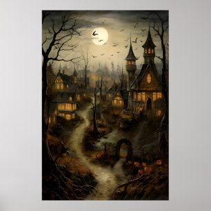 Altes Dorf mit Kürbissen, Halloween-Landschaft Poster