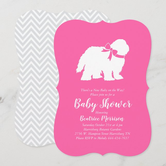 Altes Englisch Sheepdog Hund Kinderdusche Pink Einladung (Vorne/Hinten)