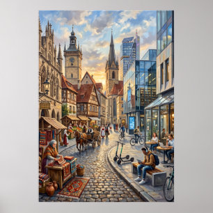 Altes Europäisches Straßenstadtbild Poster