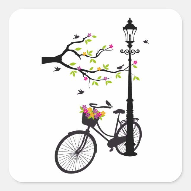 Altes Fahrrad mit Lampe, Blume Korb, Vögel, Baum Quadratischer Aufkleber (Vorderseite)