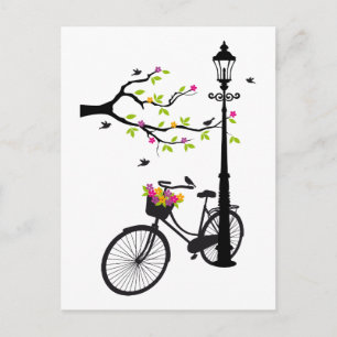 Altes Fahrrad mit Lampe, Blumenkorb, Vögeln, Baum Postkarte