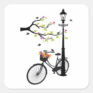 Altes Fahrrad mit Lampe, Blumenkorb, Vögeln, Baum Quadratischer Aufkleber