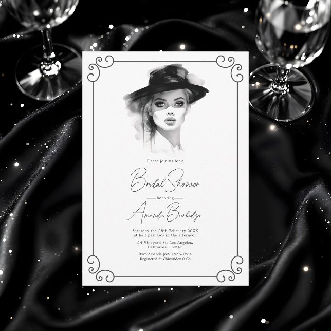 Altes Geld Ästhetik Schwarz-Weiß-Brautparty Einladung (Old Money Aesthetic Black and White Bridal Shower Invitation)