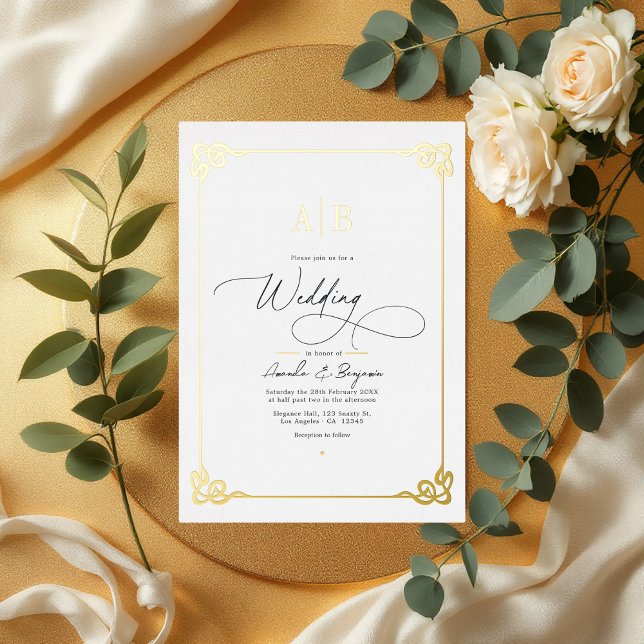 Altes Geld ästhetisches Gold und Elfenbeinheirat Folieneinladung (Old Money Aesthetic Gold and Ivory Wedding Foil Invitation)