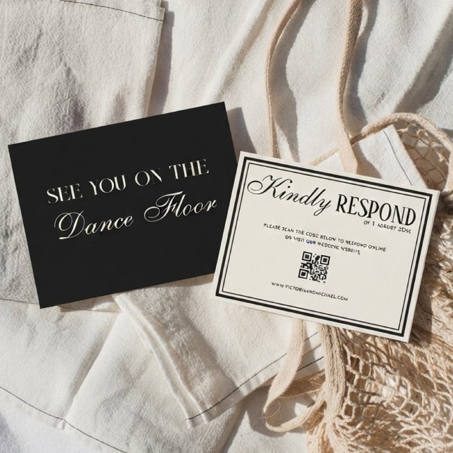 Altes Geld Elfenbein Creme Schwarz Fancy QR-Code H RSVP Karte (Von Creator hochgeladen)