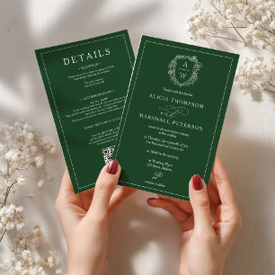 Altes Geld Grün Florales Wappen QR Hochzeit Alles Einladung