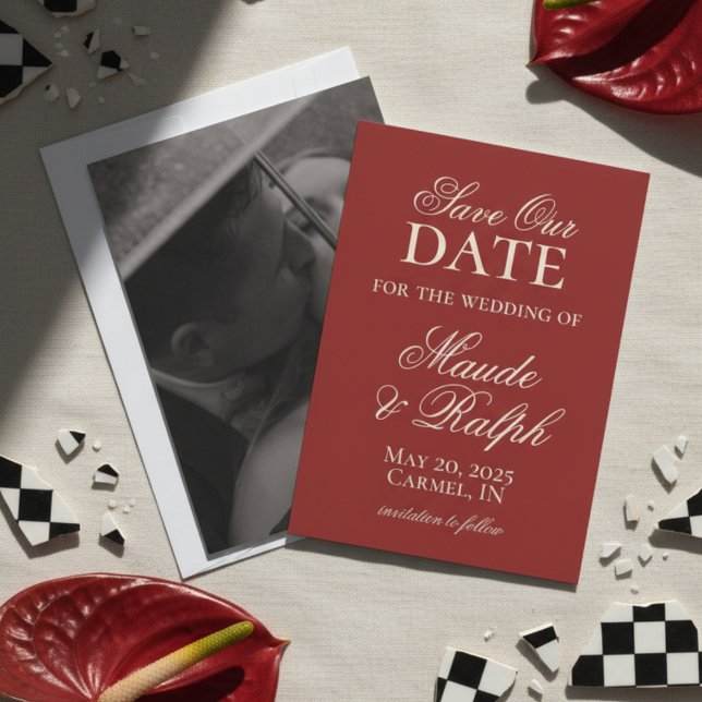 Altes Geld kühne rote Foto Hochzeit Retten Sie das Save The Date (Luxury Classic Red Wedding Suite Theme with options to personalize for your special day!)