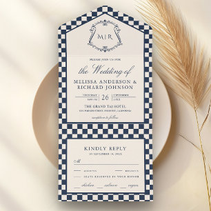 Altes Geld Navy Blau Kariert Monogramm Hochzeit All In One Einladung