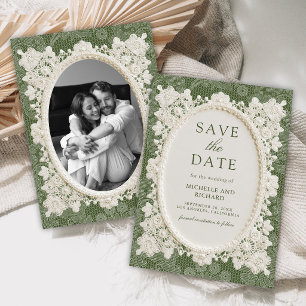 Altes Geld Olivgrün Elfenbein Häkelspitze Hochzeit Save The Date