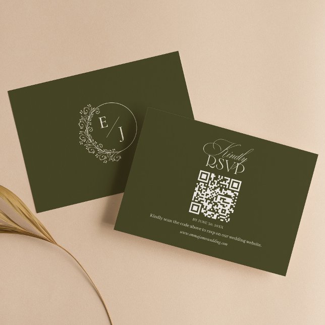Altes Geld Olivgrüner Eleganter Hochzeits-QR-Code RSVP Karte (Von Creator hochgeladen)
