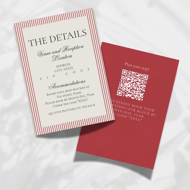 Altes Geld Script Red Stripe Hochzeitsdetails Begleitkarte (Formally invite guests to your big day with this Old Money Script Thin Stripe Wedding Details Card!)