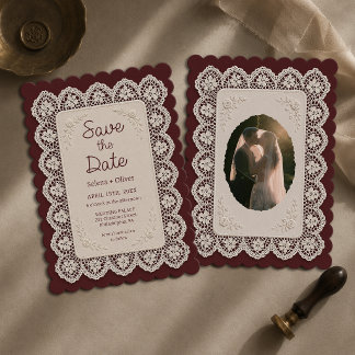 Altes Geld-Spitze-Burgund-Hochzeit-Save-the-Date Einladung
