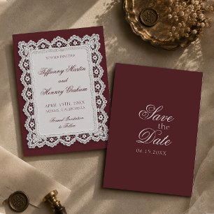 Altes Geld Spitze Burgund Hochzeit Termin merken Einladung