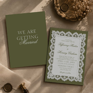 Altes Geld-Spitzen-Doily Olivgrüne Hochzeit Einladung