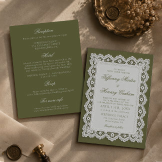 Altes Geld-Spitzen-Doily Olivgrüne Hochzeit Einladung