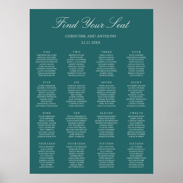 Altes Geld Teal Klassischer Hochzeits-Sitzplan Poster (Vorne)
