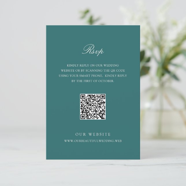Altes Geld Teal Klassischer QR-Code-Hochzeit RSVP Karte (Stehend Vorderseite)